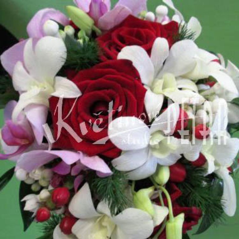 Svatební kytice převislá z růží a orchidejí č. 514